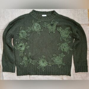 Dark Moss Green Floral Applique Sweater Medium Large Cottage Goblin Gremlin Core